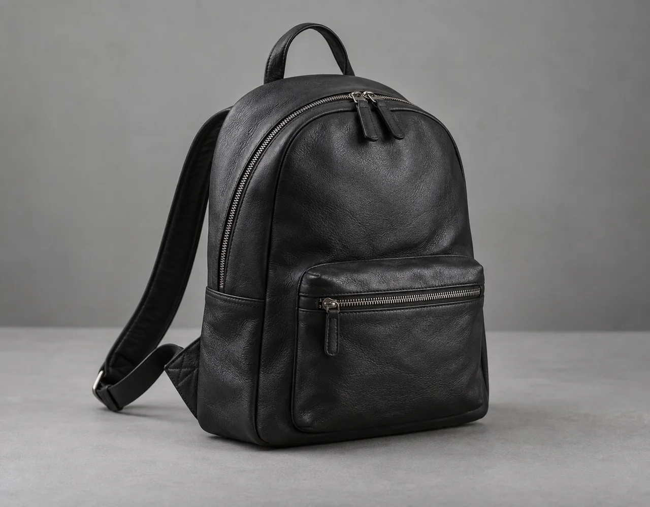 Black grained leather backpack with front zip pocket and adjustable shoulder straps