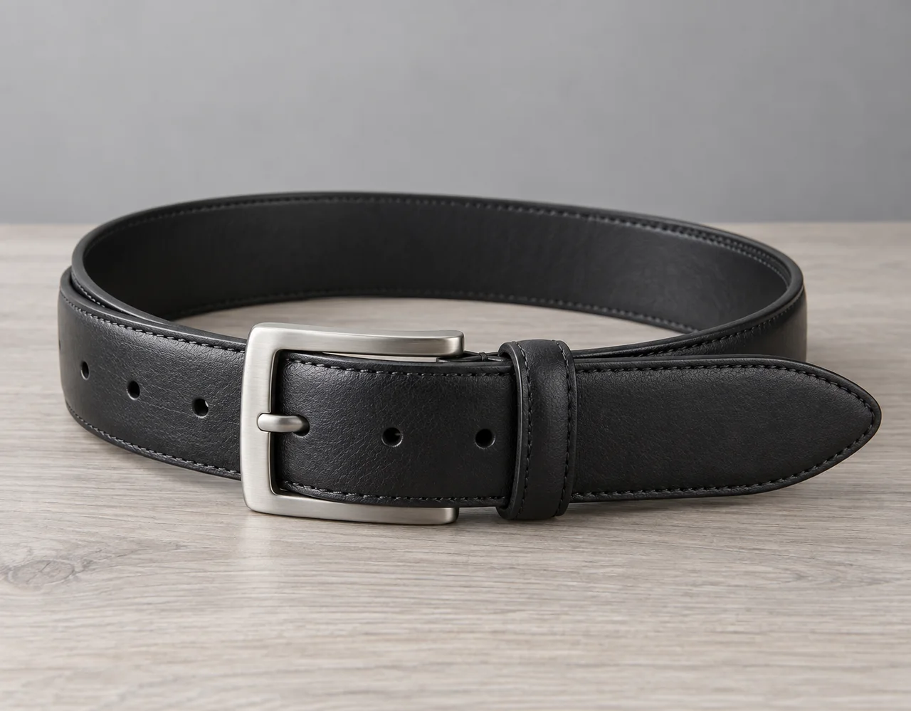 Black leather belt with brushed silver-tone pin buckle on pale wood