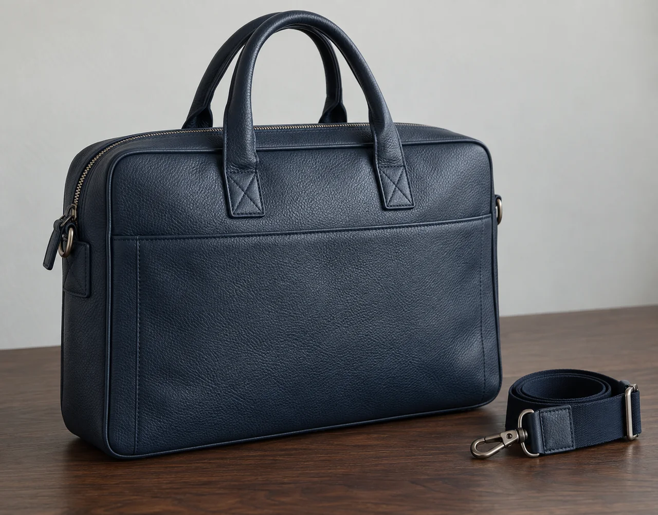 Navy leather laptop bag with reinforced handles and detachable shoulder strap on a walnut table