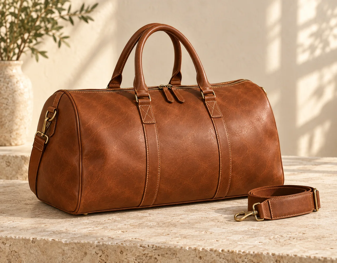 Leather travel duffel bags in a warm neutral editorial setting