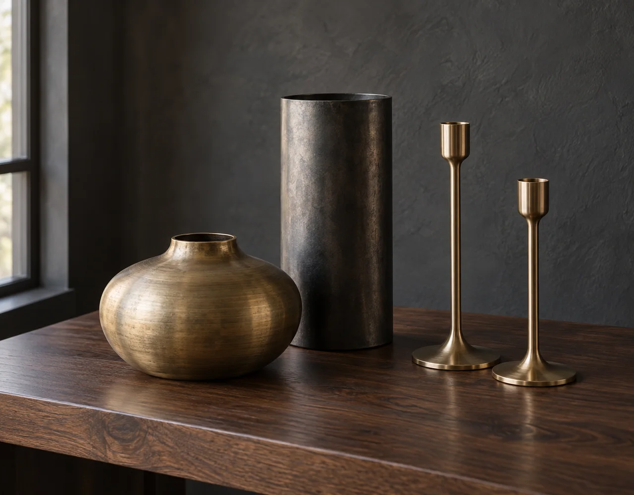 Brushed brass and charcoal metal vases with two brass candleholders on a walnut table