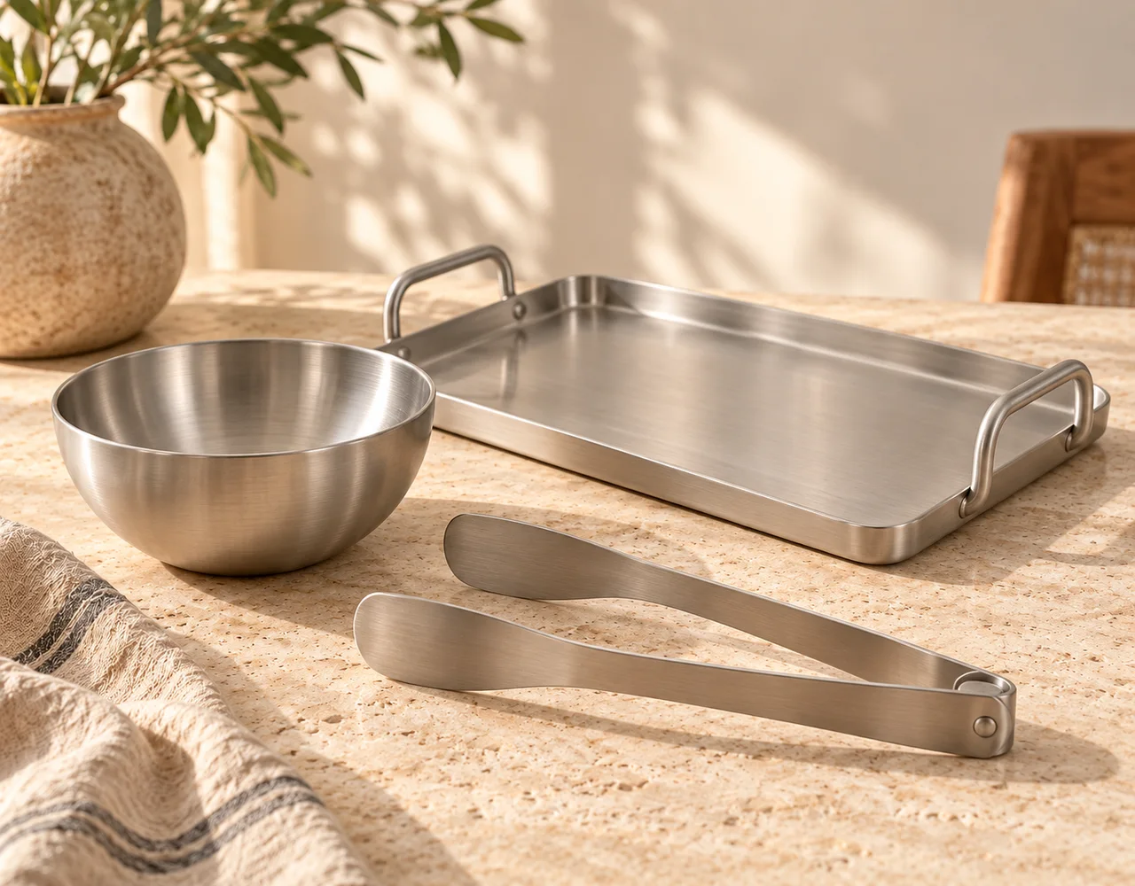Brushed metal serving tongs, bowl and handled tray