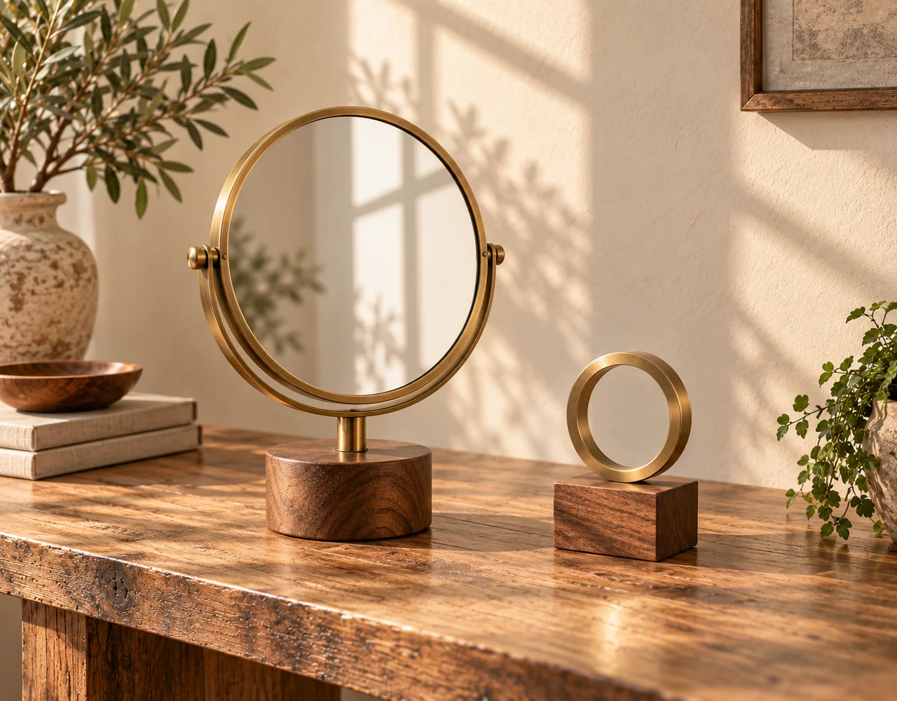 Round brass-style tabletop mirror on a wooden base beside a wood-and-metal decorative accent