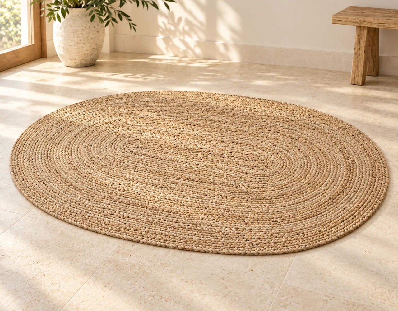 Oval natural-coloured braided fibre rug on an ivory stone floor