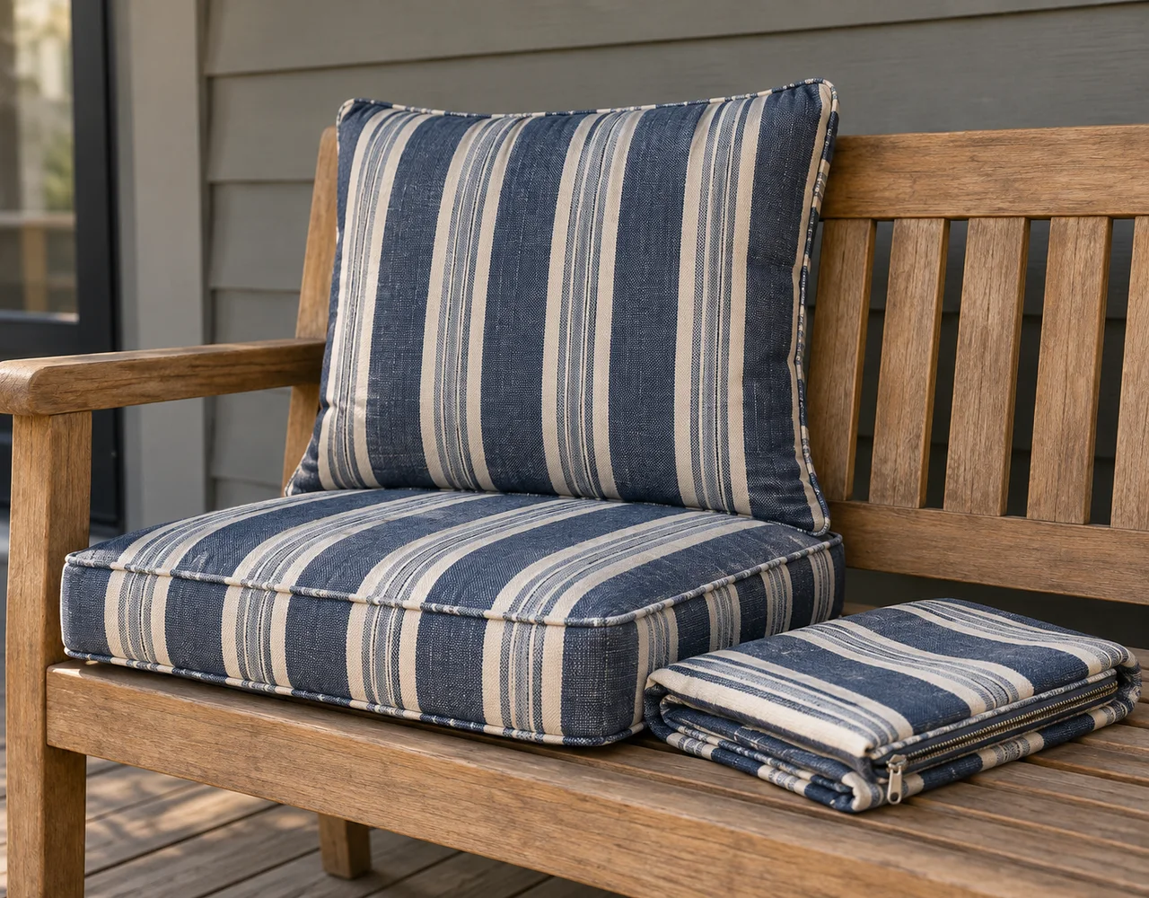 Indigo and ivory striped seat and back cushions with a folded zipped cover on a teak bench