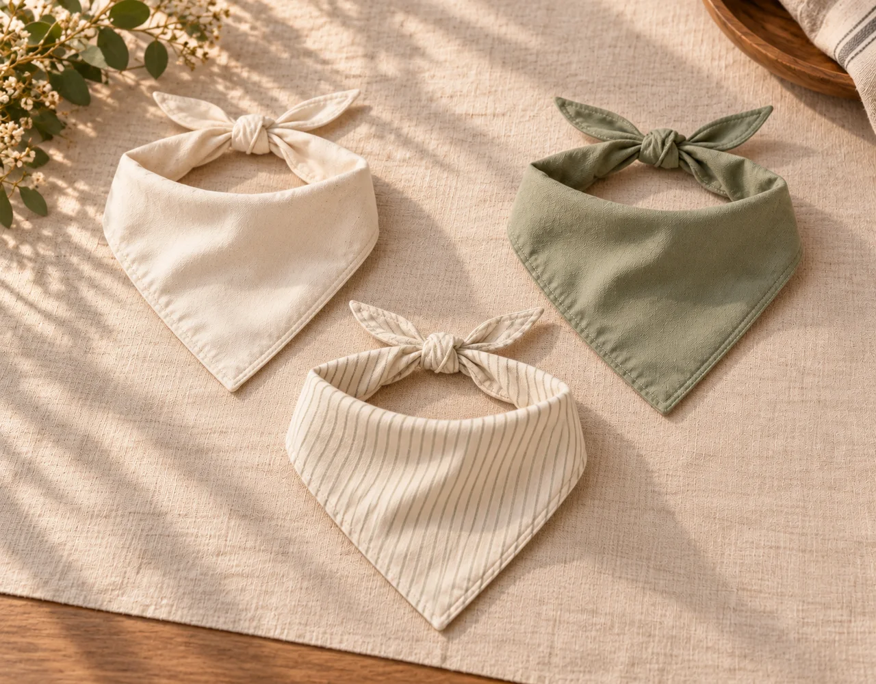 Fabric pet bandanas in muted colours with neatly finished edges