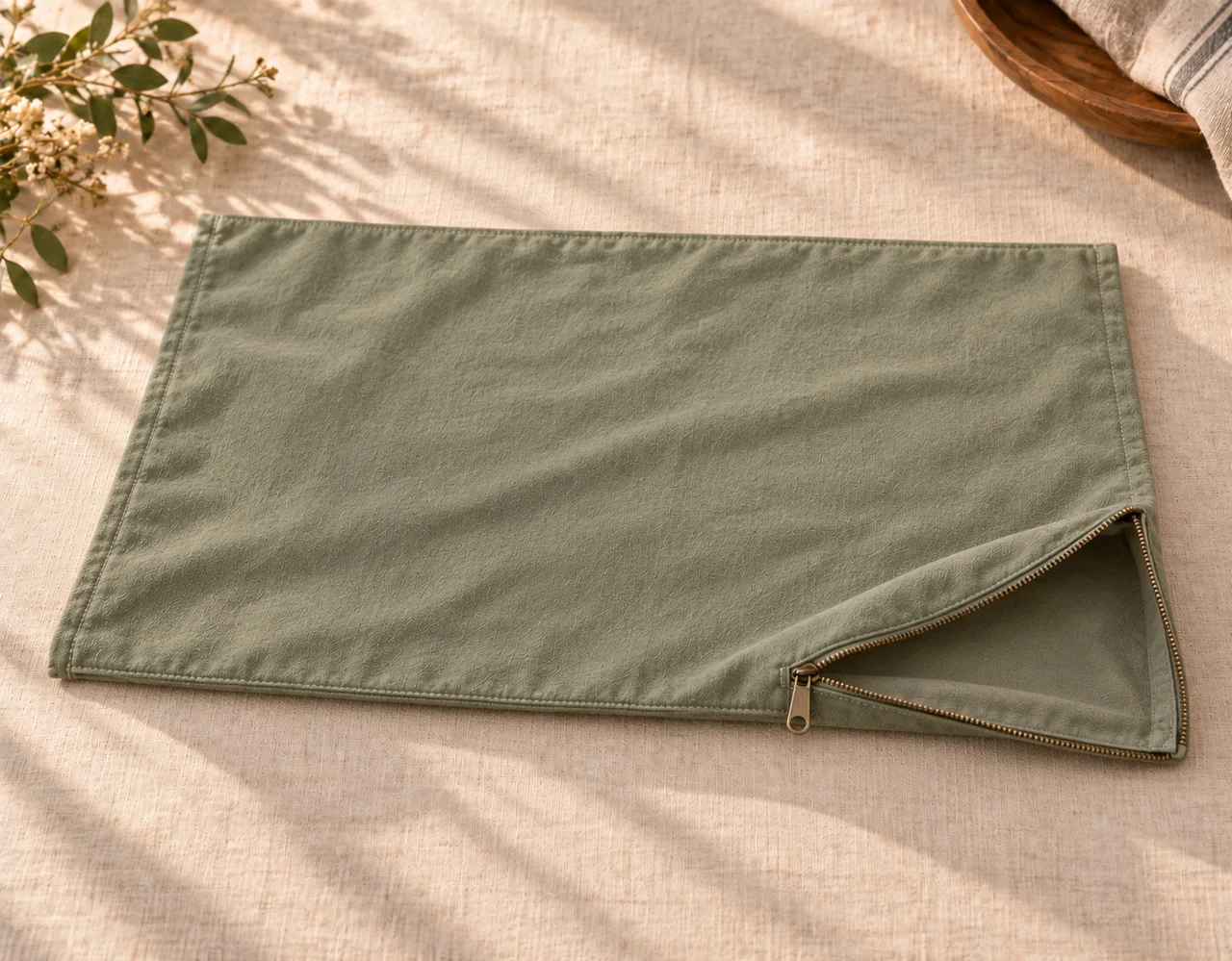Removable pet-bed covers in a warm neutral editorial setting