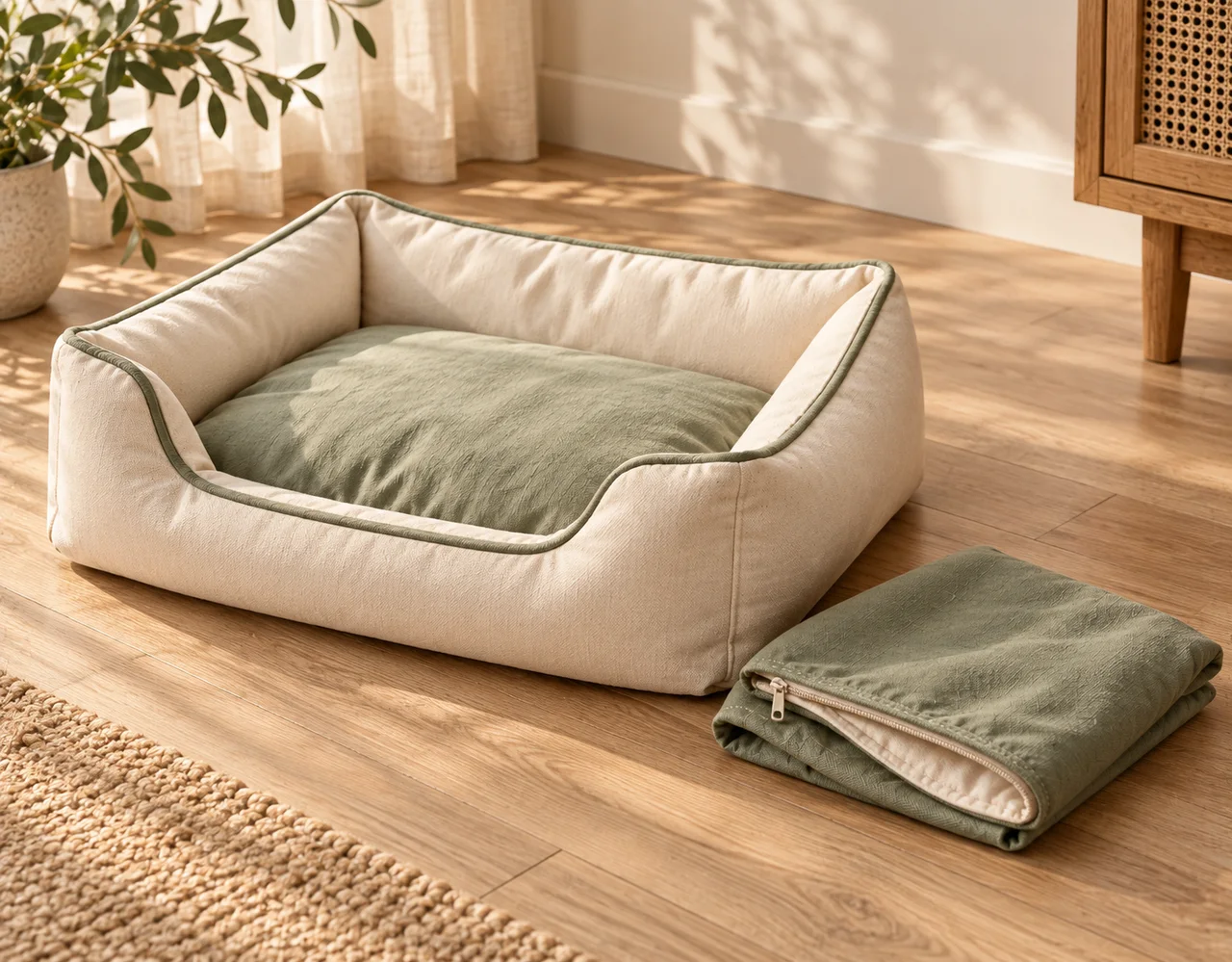 Fabric pet bed and a folded removable bedding cover