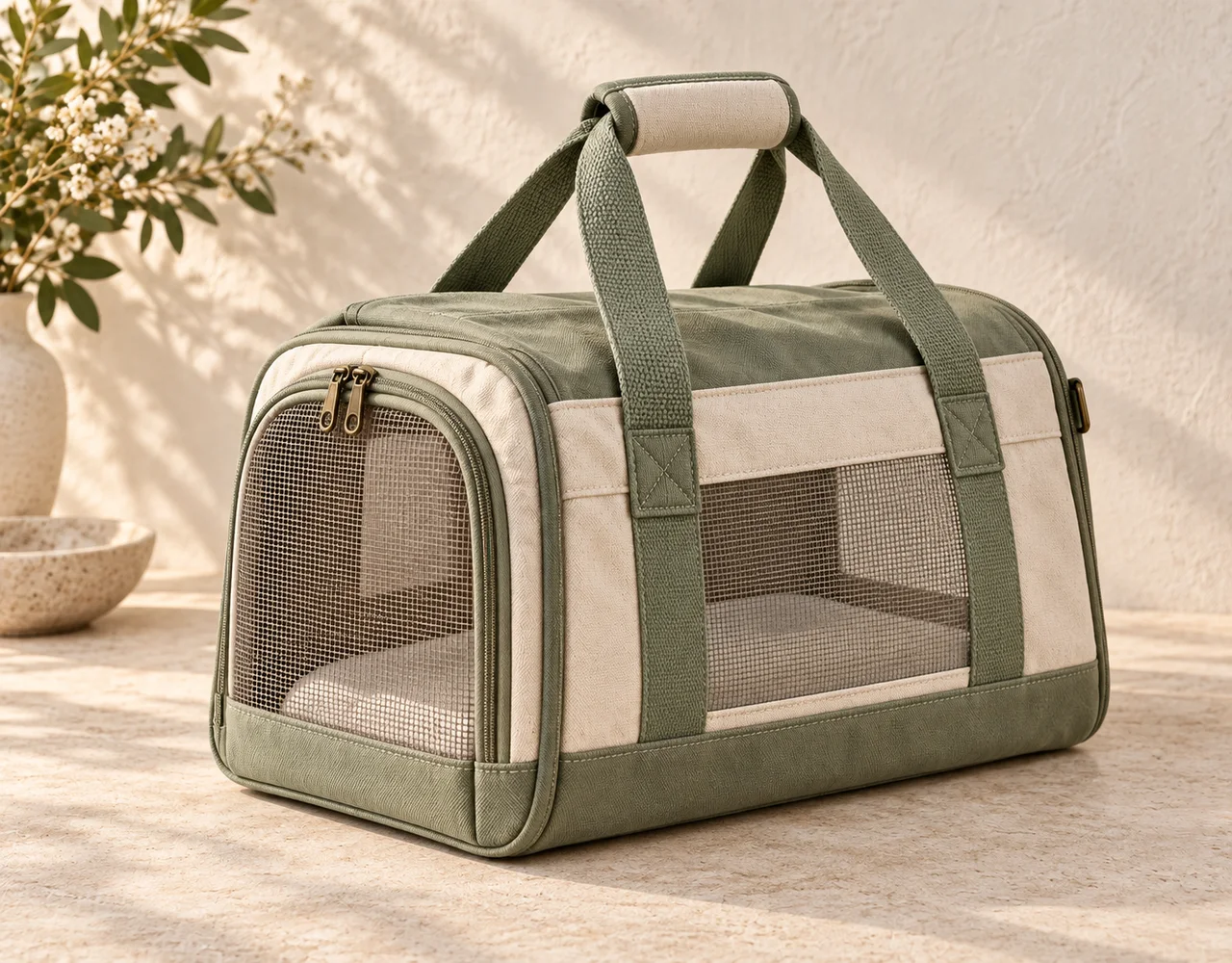 Pet carriers & carry bags in a warm neutral editorial setting