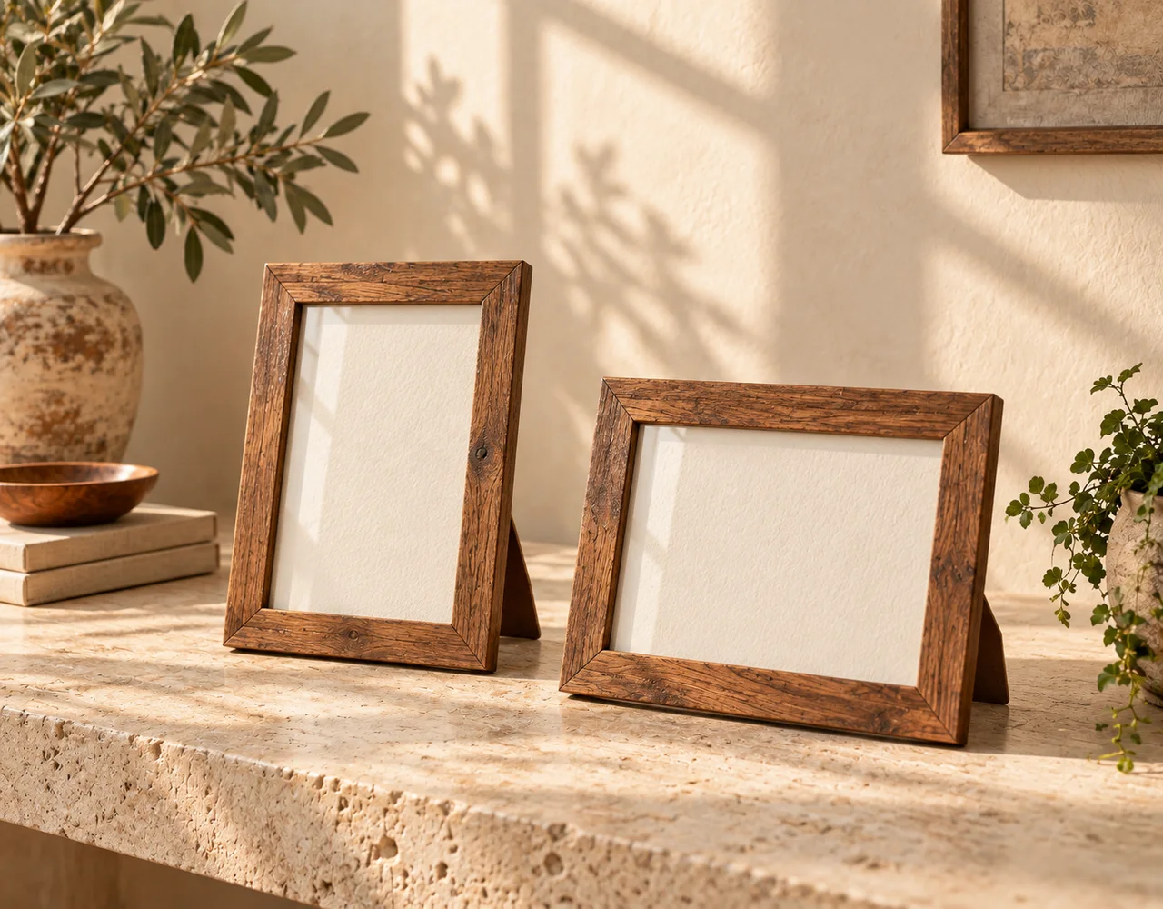 Photo frames in a warm neutral editorial setting