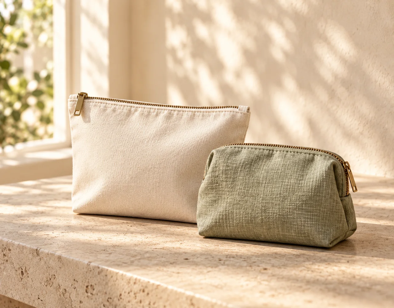 Ivory and sage fabric zip pouches with stitched seams