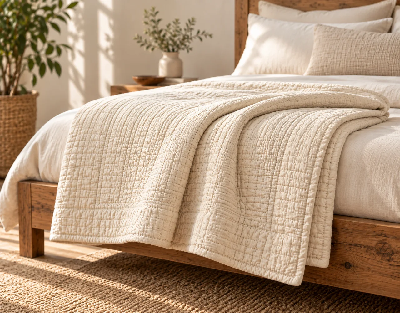 Quilts & bedspreads in a warm neutral editorial setting