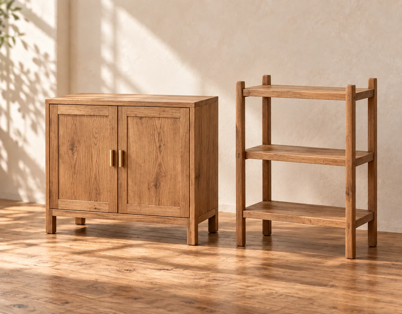 Wooden two-door cabinet with brass-tone pulls beside an open shelving unit