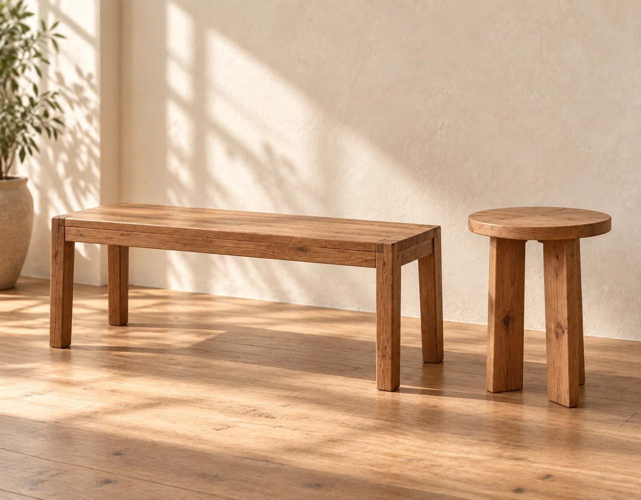 Small round wooden side table beside a rectangular wooden bench