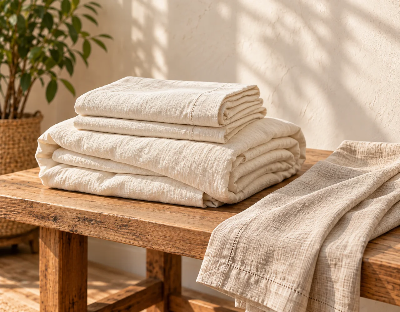 Folded cream bed linen and natural-coloured table runner with stitched hems