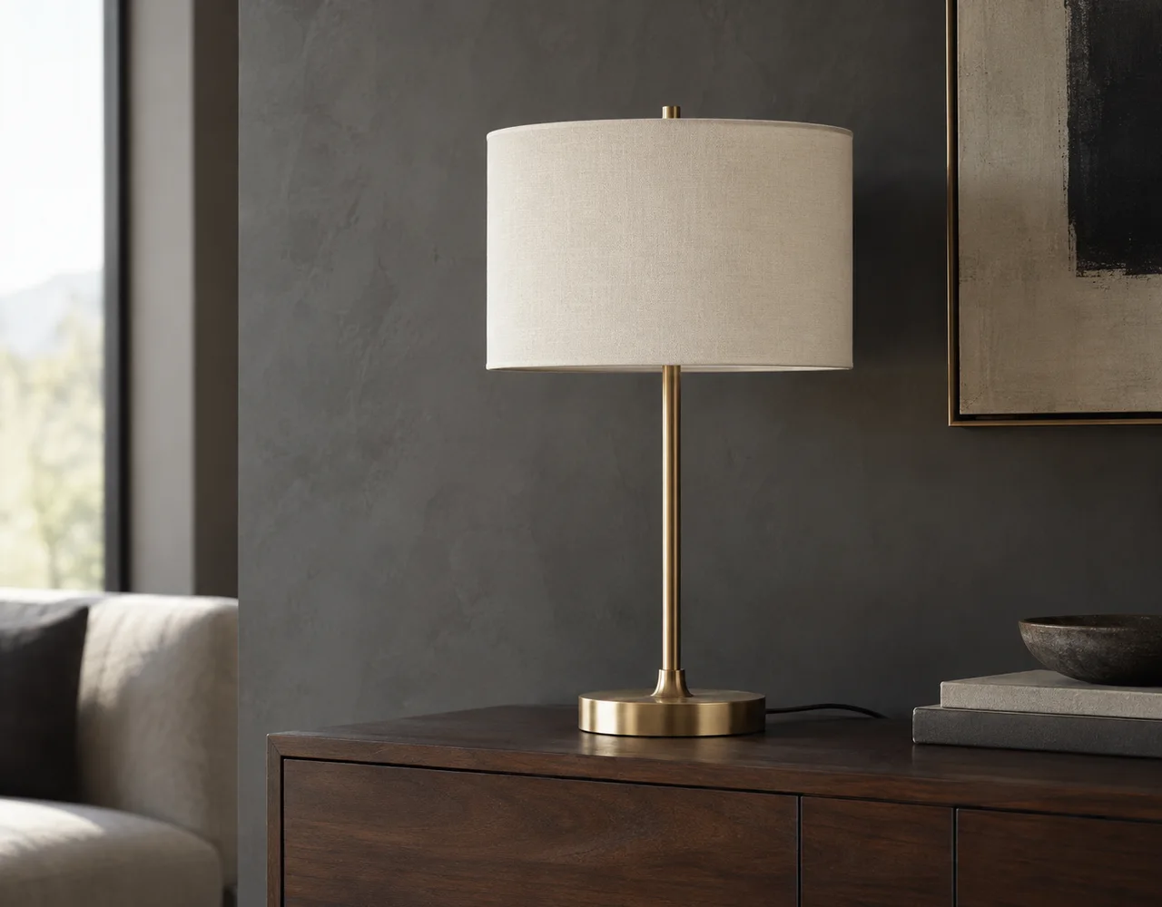 Brushed brass table lamp with an ivory fabric shade on a walnut sideboard against a grey wall