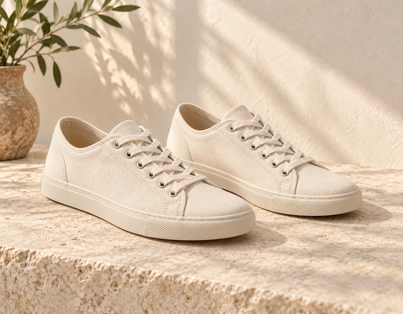 Matching ivory canvas lace-up shoes with simple rubber soles
