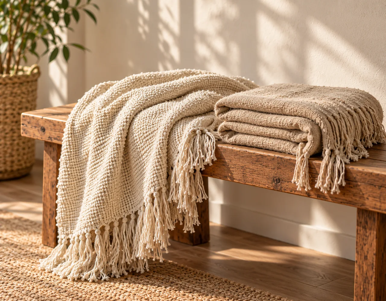 Cream throw draped over a wooden bench beside a folded oat-coloured blanket