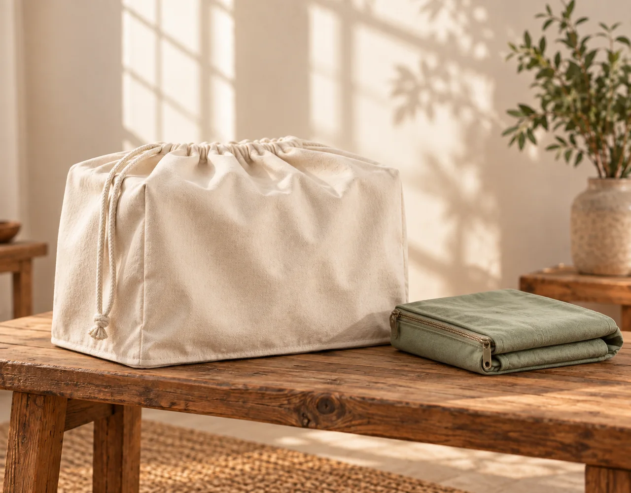 Neutral fabric utility cover with fastening details and folded textile storage pieces