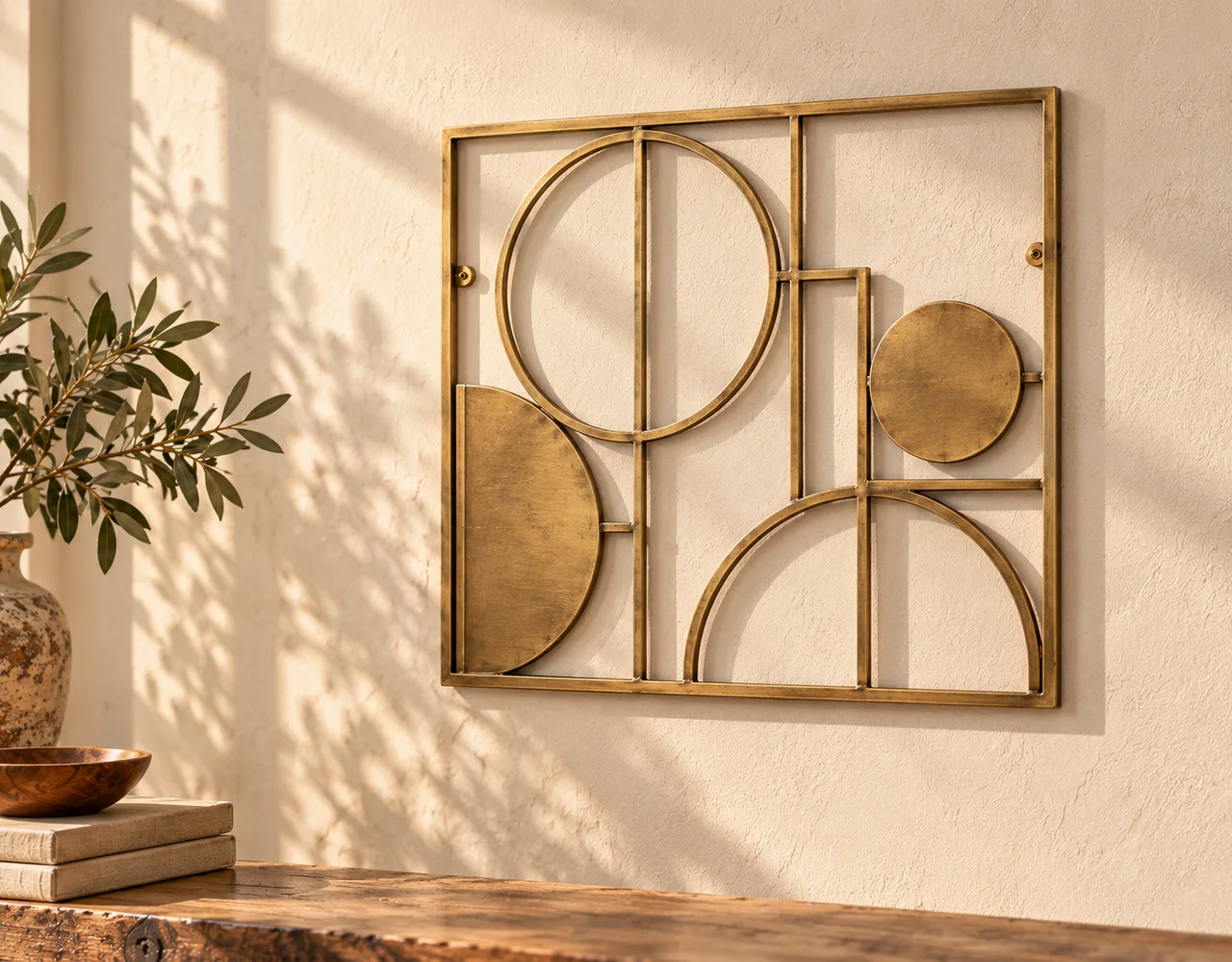 Decorative wall art in a warm neutral editorial setting