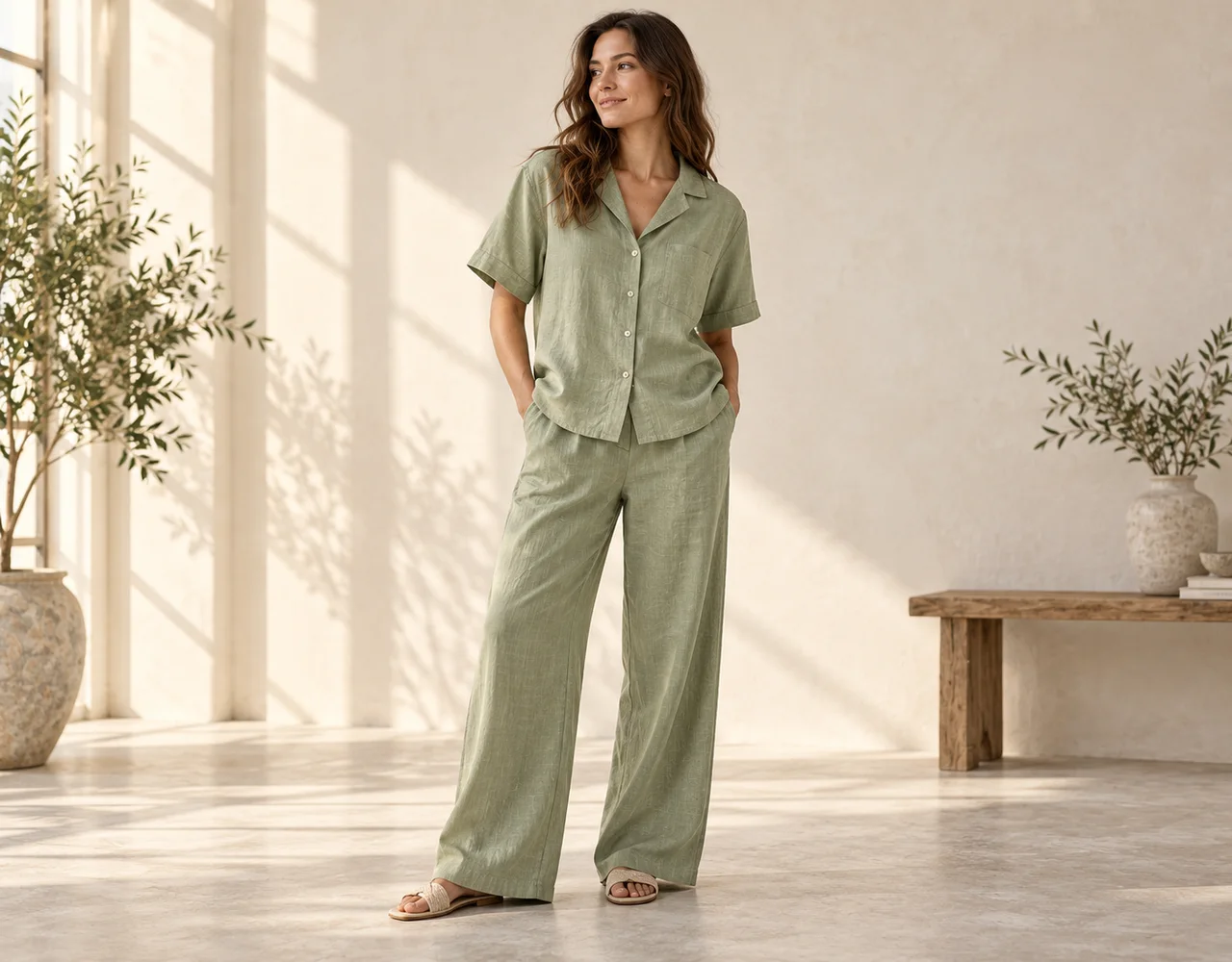 Women's co-ord sets in a warm neutral editorial setting