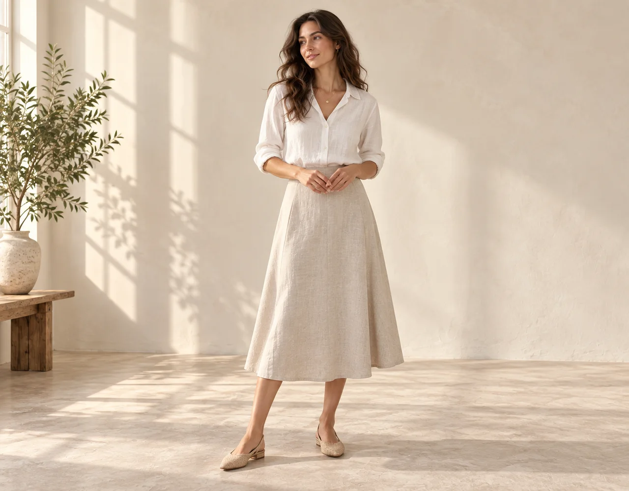Women's skirts in a warm neutral editorial setting
