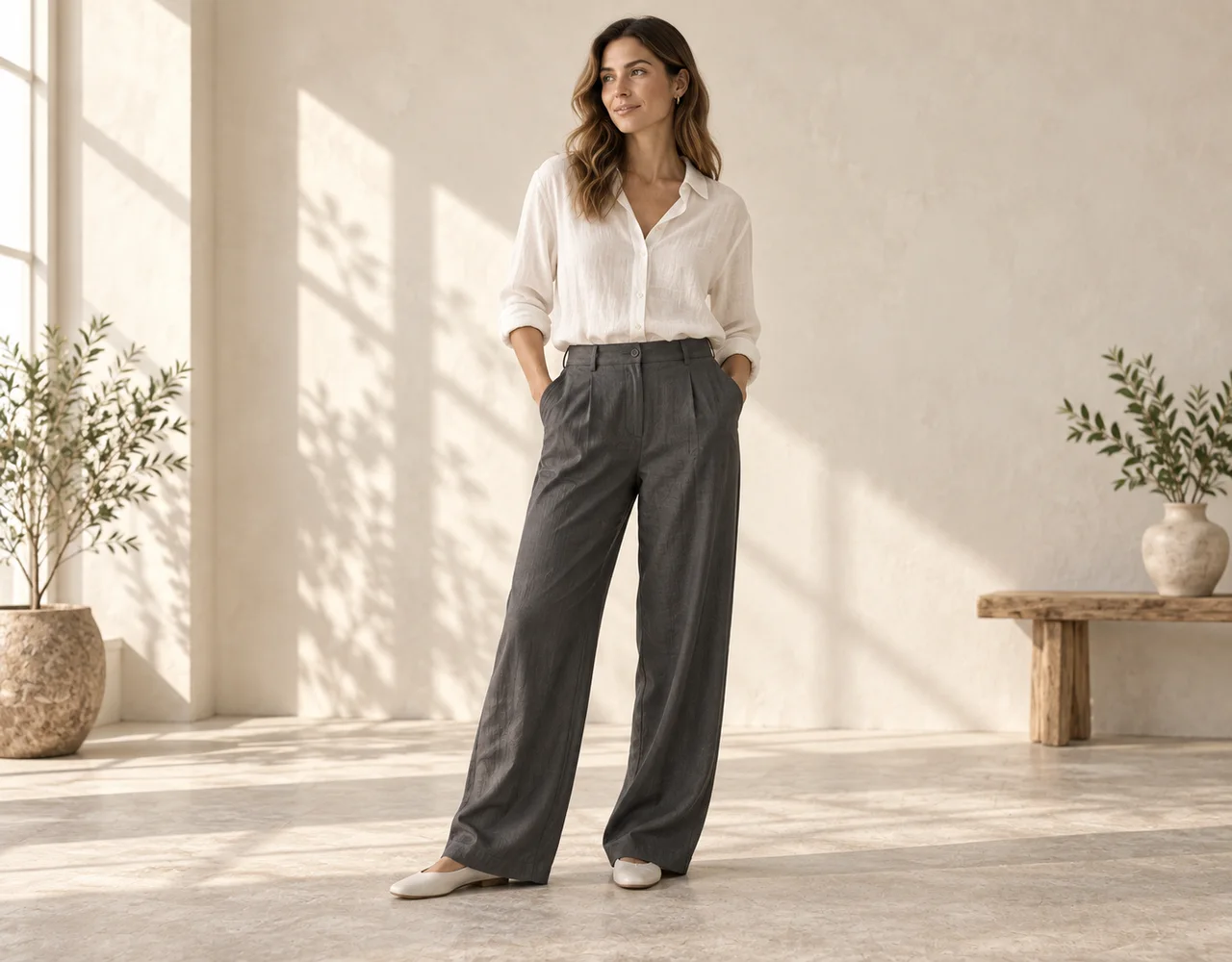 Women's trousers in a warm neutral editorial setting