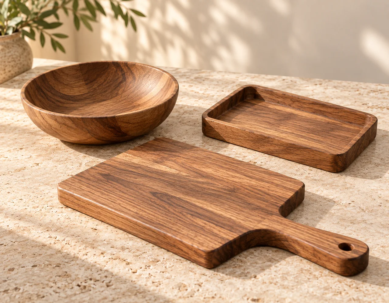 Wooden serving board with handle beside a shallow bowl and a small tray