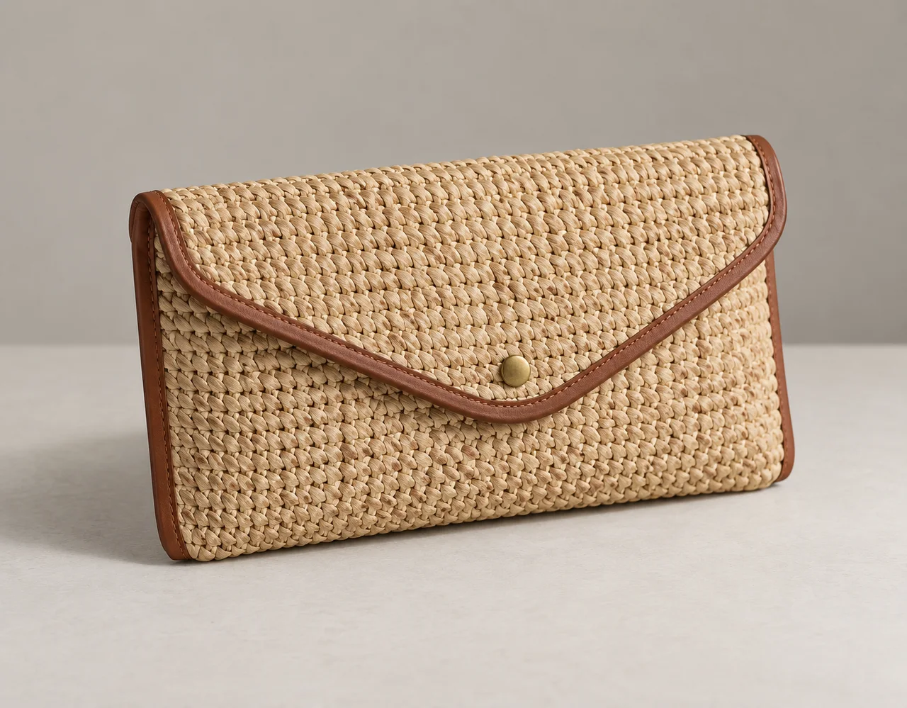 Natural woven raffia clutch with russet leather binding